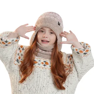 Kids winter knit hat and neck warmer set with ear protection in beige and purple