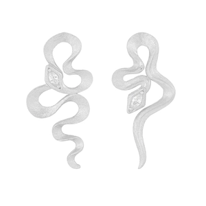 S925 Sterling silver snake-textured earrings with sparkling marquise zircon on white background