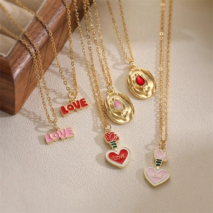 Collier En Cuivre Pendentif Lettre Amour Rose Tulipe Style Français Bijoux Vintage Émail Pour Femmes Cadeau Élégant