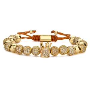 8mm gold crown bracelet with micro-pave cubic zirconia and adjustable brown braided cord