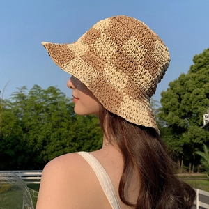 Japanese checkerboard straw bucket hat for women with sun protection and summer chic style