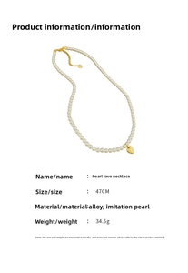 Detail showing pearl heart necklace specifications with 47cm length and alloy materials