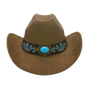 Detailed view of brown felt jazz hat with turquoise floral embroidery and vintage gemstone
