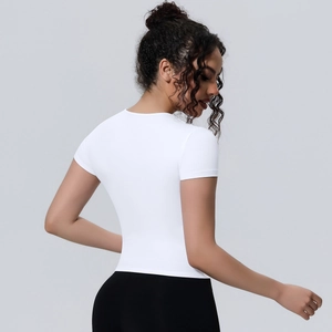 Close-up of the breathable white slim fit yoga t-shirt back view showing premium fabric texture