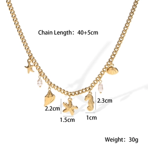Detail of 18K gold stainless steel necklace with starfish shell charms and dimensions