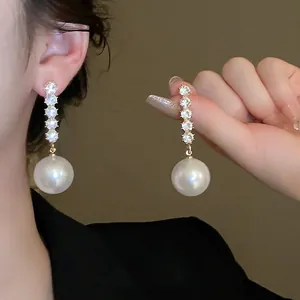 Elegant Long Drop Earrings With Alloy Rhinestone White Artificial Pearl And Silver Earring Post Luxury Jewelry For Women