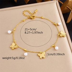 Gold chain anklet with butterfly charms and white pearls, adjustable length 21+5cm