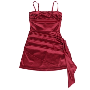 Detailed view of ruched burgundy satin mini dress with delicate straps and side drapes
