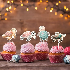 Set of 4 cute cartoon turtle cupcake toppers for sea turtle themed birthday party cake decor