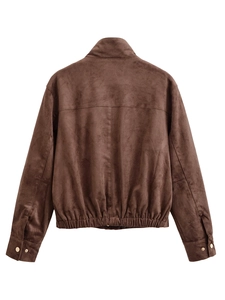 Back view of brown suede jacket with elasticated hem and textured fabric finish