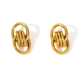 Elegant gold stainless steel earrings with interlocking rings and spiral texture design