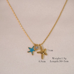 Detailed view of titanium steel necklace with blue starfish pendants and size dimensions