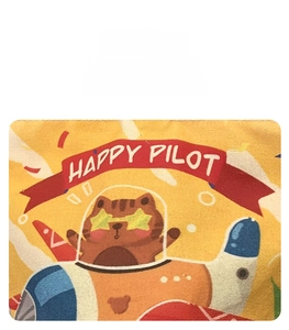 Detail of yellow canvas bucket bag showing cute cartoon cat pilot and HAPPY PILOT text
