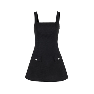 Elegant black square neck sleeveless tweed dress with pearl buttons and A-line silhouette
