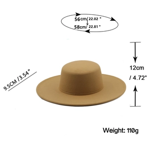 Detailed size chart for camel wool felt wide brim boater hat with metric measurements