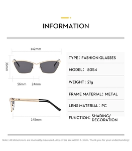 Detailed dimension chart showing frame size and metal temple length of cat eye sunglasses