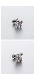 Detailed close-up of swan stud earrings with purple and white marquise-cut zircons