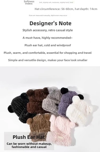 Detail showing plush bear ear hats in multiple colors with size specs 56-60cm
