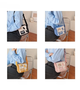 Collage of four compact nylon crossbody bags in black, blue, yellow, and pink colors