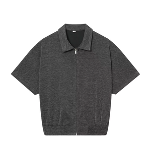 Dark grey short sleeve zip-up jacket with textured corduroy fabric and stand collar