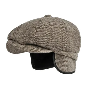 Casquette gavroche vintage pour homme motif chevrons avec protège-oreilles et polaire