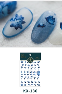 Macro detail of blue floral nail art stickers KX-136 with lotus and rose patterns