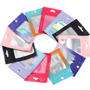 Colorful holographic resealable bags with clear window and hanging hole for accessories