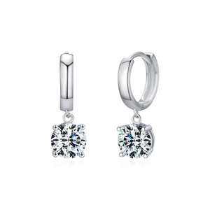 Polished S925 sterling silver drop earrings with 1 carat moissanite stones on white background