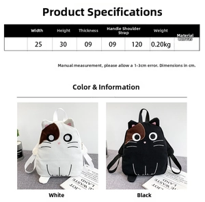 Detailed size chart for the cartoon cat canvas backpack with black and white color options