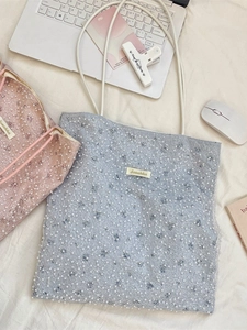 Floral canvas tote bags with white pearl mesh overlay in light blue and soft pink colors