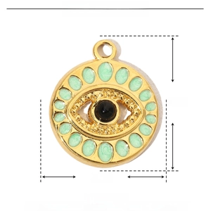 Detailed view of evil eye pendant with green enamel and natural stone dimensions