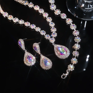 Detail of silver luxury necklace and teardrop earrings with multi-color AB crystals