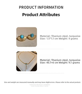 Detail view of gold fan-shaped earrings and necklace with turquoise stone inlay