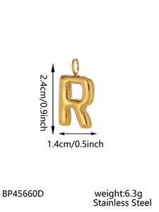 Macro view of 14K gold plated bubble letter R pendant with size and weight details