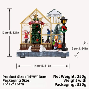 Detailed view of musical Christmas house miniature with dimensions 14x9x13cm and weight specs