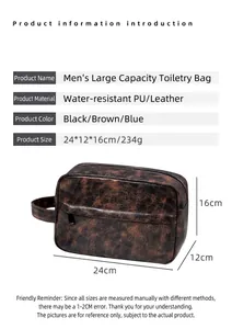 Waterproof PU leather men's wash bag dimensions 24x12x16cm with handle detail