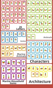 Reference guide for colorful wooden tangram puzzles showing alphabet and animal shapes