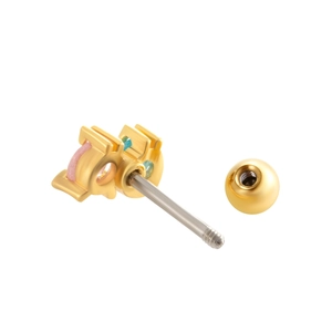 Floral butterfly copper cartilage stud with pink and blue zircon on gold plated bar