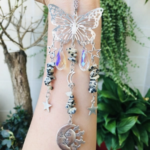 Detailed silver butterfly suncatcher with star and moon charms and clear crystal drops