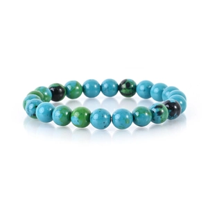 Elastic beaded bracelet with turquoise and volcanic stone beads on white background