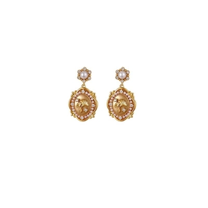 Vintage gold plated ginkgo leaf earrings with pearls and zircon in floral setting