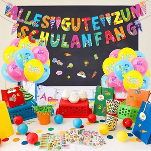 Schulanfang party set with banners, colorful balloons, and gift bags for school start