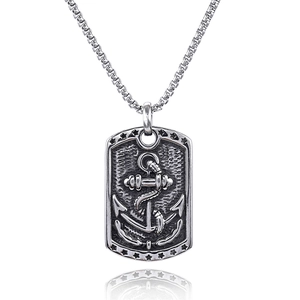 Vintage stainless steel nautical anchor tag pendant with a sturdy box chain necklace