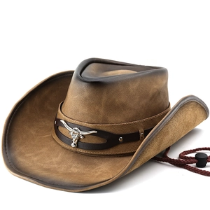 Western Cowboy Hat Faux Suede Retro Wide Brim With Bull Head Buckle And Adjustable Windproof Rope Sun Protection