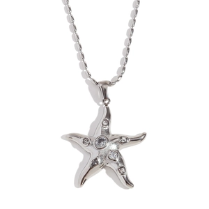 Polished silver starfish pendant necklace with zircons and ball chain in a 45-degree view