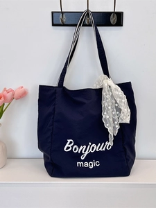 Large navy blue canvas tote bag with Bonjour magic print and white lace ribbon