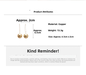 Detail view of gold sphere drop earrings showing 6.5cm length and copper material stats