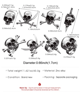 Detailed chart showing weights and dimensions for zinc alloy skull brooch and ring set