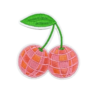 Cute cherry cartoon embroidery patch with green leaves and pink textured fruit on white