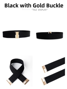 Detail display of black elastic waist belt with rectangular golden metal buckle for women